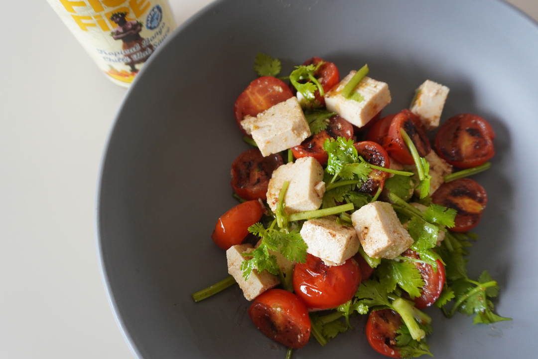 Warm Sun-Ripened Tomato and Crisp Tofu Salad with a Spicy Fiji Twist